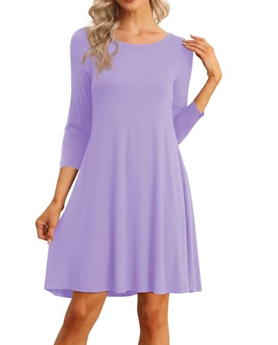 Image of VIISHOW Womens Round Neck 3 /4 Sleeves A-line Casual Tshirt Dress with Pocket