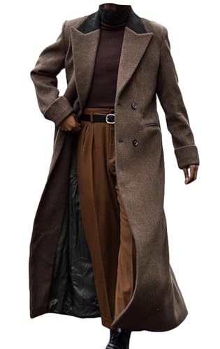 ORBITRAY Men's Tweed Trench Coat Full Length Winter Overcoat Double Breasted Wool Blend Long Blazer Jacke Vintage