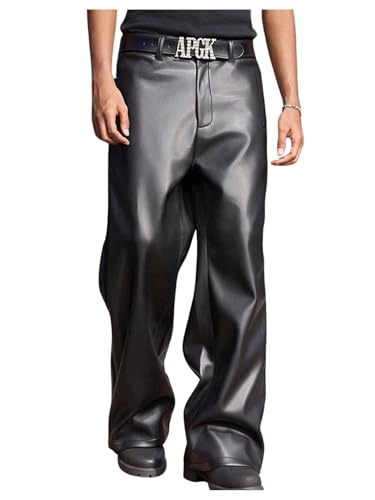 GORGLITTER Men's Leather Pants Y2K PU Straight Leg Baggy Pants Disco Pants Trousers Iron Black Medium