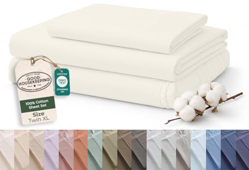 Image of ROYALE LINENS 100% Organic Cotton Twin XL Sheet Set - 16 inch Deep Pocket Bed Sheets - Ivory Bed Sheets - Sabanas Twin XL - 1 Flat, 1 Fitted & 1 Pillowcases - Ivory Sheet Set - Cotton Bedding Sets