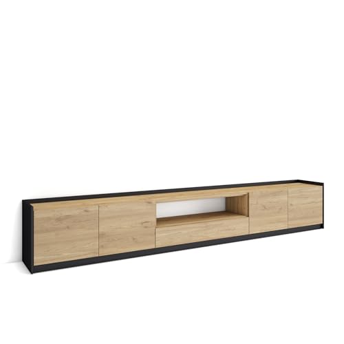 Skraut Home | Mueble TV | Televisión | Muebles de salón, almacenaje | 310x50x37 cm | para TV hasta 80' | con Almacenamiento | Estilo Moderno | Roble y Negro