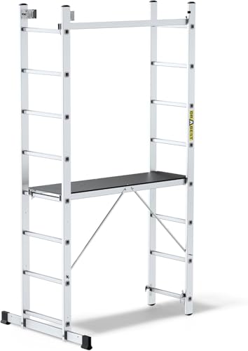 DRABEST Échelle Polyvalente Aluminium 2x8 Marches avec Plateforme Échafaudage 3 en 1 Pliable Charge Max 150 kg Crochet Seau Inclus