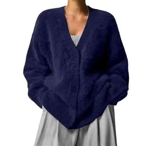 FYHTC Womens Fuzzy Mohair Cardigan Sweaters V Neck Button Down Long Sleeve Fluffy Knit Open Front Slouchy Furry Sweater(Navy Blue,Medium)