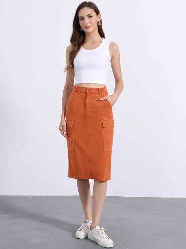 Allegra K Corduroy Cargo Skirts for Women's High Waisted Elastic Back H Line 2025 Fall Midi Skirt4