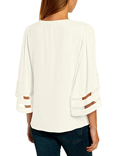 Luvamia Women's Casual V Neck Blouse 3/4 Bell Sleeve Mesh Panel Shirts Loose Tops Blouses Beige Size S #TOP1
