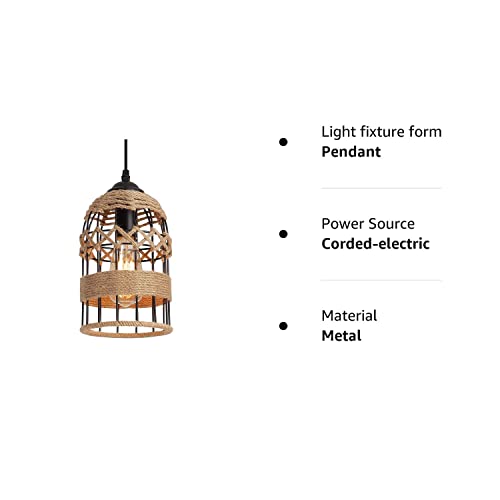Rustic Woven Cage Pendant Light, One-Light Industrial Metal Hemp Rope Mini Pendant Lighting Fixture For Kitchen Island Cafe Bar Farmhouse, Black #TOP7