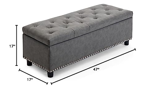 Image of BELLEZE Storage Ottoman, Tufted Ottoman with Close Hinge, Foot Rest for Living Room (Rustic Gray, 47 inch)