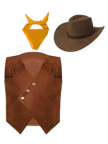 Western Brown Cowboy Vest for Kids Boys Sleeveless Tops with Bandanna and Hat for Disco Club Themed Party3