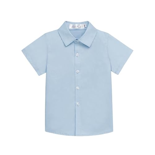 LOLANTA Boys' Short Sleeve Dress Shirt Button Down Formal School Shirt(8-9 years,Blue,Tag Size 140)