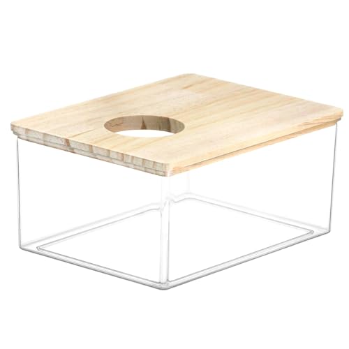 QWORK Hamster Sand Bath Box Clear Acrylic Habitat Bath with Wooden Lid for Dwarf Hamsters Digging & Grooming