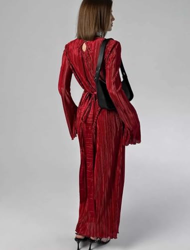Image of Pluto & Fox Women's Crew Neck Plisse Maxi Dress Long Sleevele Flared Cuffs Belted Pleated Party Cocktail Wedding Guest Dress