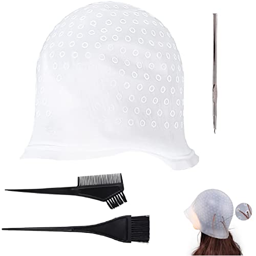 Gorro Mechas Peluqueria de Silicona,Gorro de Peluquería de Silicona,Gorras De Tinte Para El Cabello,Highlight Gorra de Color de Cabello con Ganchos e Pincel de Coloración,para Mujeres Teñir El Cabello