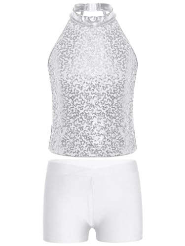 Aislor Kids Girls Halter Sleeveless Sequins Ballet Dance Crop Top with Shorts Set Gymnastics Dancewear Sportswear3