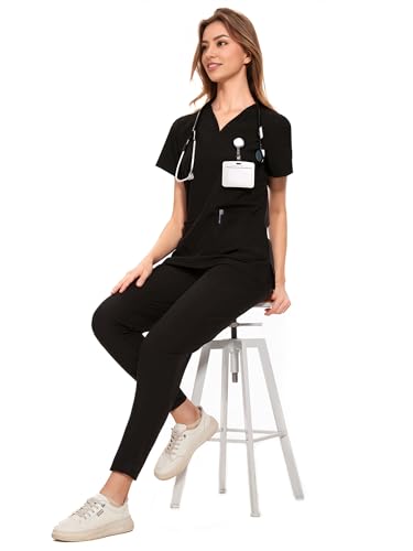 COZYFIT Medical Scrubs for Women Set - Curved V-Neck Scrub Top & Jogger Pants with 8 Pockets