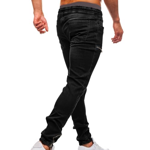 Men's Denim Jogger Pants Slim Fit Zipper Pockets Jeans Drawstring Elastic Waist Hipster Cargo Jeans2