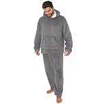 Dreamscene Flannel Fleece Pyjama Sherpa Lined 2-Piece Set Womens Mens Top Elasticated Cuff Bottoms Sleep Nightwear, Charcoal Grey - Small