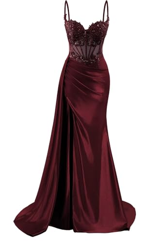KIYNE Spaghettiträger Satin Ballkleid mit Schlitz Spitzenapplikation formelles Partykleid Korsett Abendkleid burgunderfarben 36