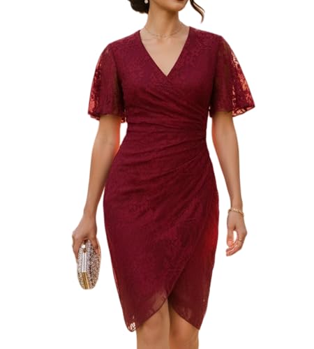 Image of Women's Wrap V Neck Asymmetrical Hem Midi Ruched Cocktail Evening Dress | Back Zipper, Regular Fit, Club Night, Semi Office Formal, Wedding Dinner Date, Flutter Short Sleeve