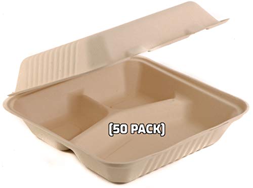 [50 PACK] 9 Inch 3-Compartment Compostable Hinged Take Out Food Container - Sugarcane Bagasse, Tree Free - Restaurant Supplies, Microwavable, Bidodegradable, Recyclable, Heavy Duty (Rectangle - Clam)