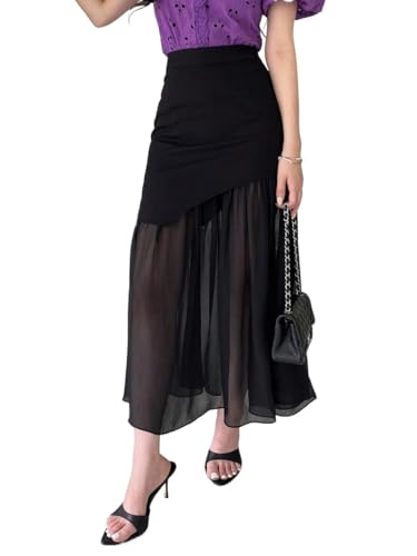 Solid Color Mesh Maxi Skirt Year-Round Ruffle Basic Women's Summer Casual Vinage Skirt2