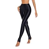 LiiYii Women's Glossy Stirrup Leggings High Elastic Smooth Seamless Nylon Sheer Skinny Yoga Pants Black Medium