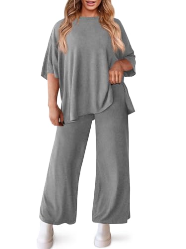 Beautife Womens Plus Size Lounge Sets Short Sleeve Tops Wide Leg Pants 2 Piece Outfits Tracksuit with Pockets