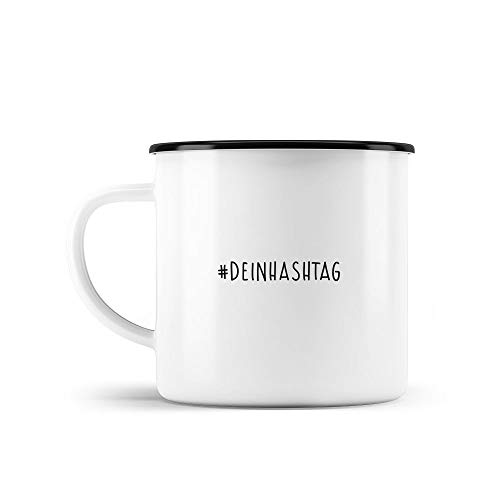 malango Gestalte Deine eigene Hashtag Emailletasse #deinhashtag Campingbecher Emaillebecher Emaille Kaffeetasse Kaffeebecher Metall Bedrucken klein weiß 300 ml personalisiert Cover