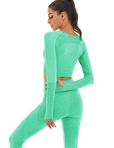 Toplook Women Seamless Workout Outfits Athletic Set Leggings + Long Sleeve Top (Light Green, Medium) #TOP5