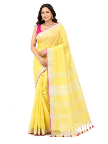 Image of HAIDER ALI AND SONS Grey Cotton Linen Saree for Women | Soft Linen Slub Blend Saree with Running Blouse Piece | Lightweight Handloom Style Saree | Office, Casual, Party & Festival Wear 