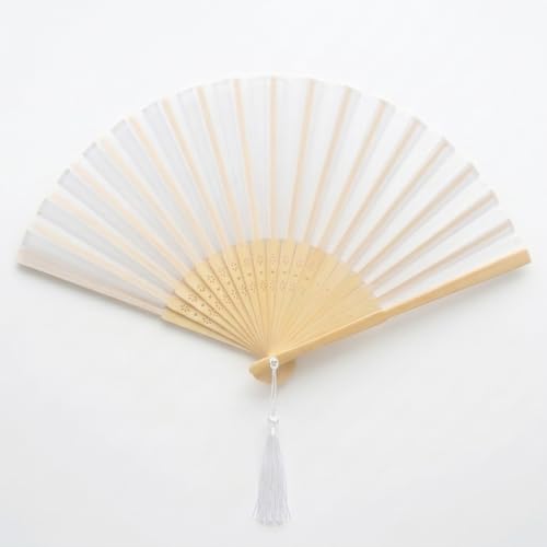 Image of Fabric Handheld Folding Hand Fan With a Tassel Grade A Bamboo Ribs for Women Girls Summer Party Event Favor Birthday Wedding Souvenir Gift (White)