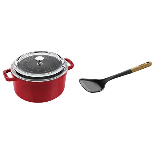 Image of Staub Cast Iron 4-qt Round Cocotte with Glass Lid - Cherry & Accessories Turner, One Size, Matte Black