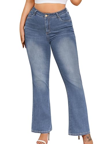 Arolina Jeans for Women Plus Size Tummy Control Trendy High Waisted Stretchy Bell Bottom Curvy Flared Jeans Pockets Size 16 Light Blue