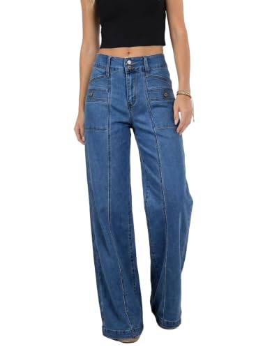 Astylish Womens Pull On Jeans High Waisted Wide Leg Baggy Trendy Jean for Women 2026 Fall Stretch Tummy Denim Pants Button Accent Pocket Dark Blue Size 18
