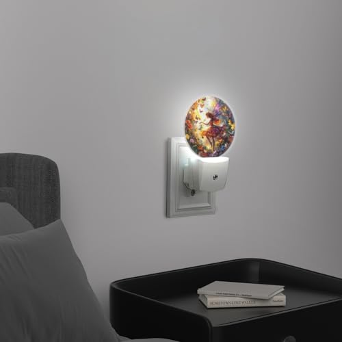 Image of Round LED Night Lights Lamp with Dusk to Dawn Sensor, Beautiful Fairy with Colorful Wings Flying Night Light Plug Into Wall for Kids Room, Bedroom, Bathroom, Kitchen, Hallway