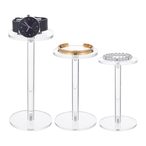 NBEADS 3 Pcs Clear Acrylic Round Barbell Pedestal Display, 3 Sizes T-Shape Pedestal Riser Stands for Watch Jewelry Figures, Cupcake Display