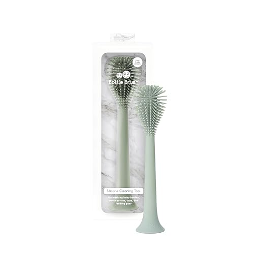 Image of ezpz Bottle Brush (Sage) - Odor-Resistant Silicone Cleaning Tool | Long Sturdy Handle and Suction Base - Flexible Top for Tight Spaces - Gently Cleans Cups, Glasses, Bottles and Accessories