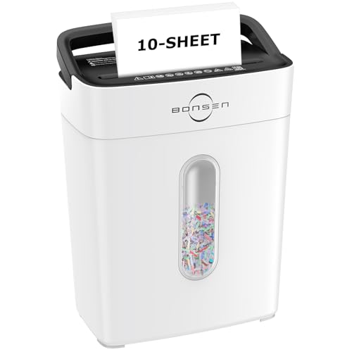 Image of Bonsen 10-Sheet Cross Cut Paper Shredder for Home Office, P-4, Portable Handle, 4 Gallons Bin, Paper and Credit Card Shredder, White (S3201-W New Version)
