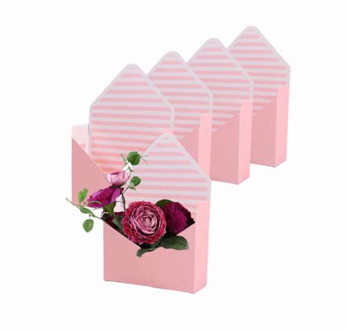 Rikyo 5 Counts Flowers Box Florist Bouquet Packaging Gift Box,Waterproof Envelop Paper Boxes,Hand Bouquet Box,Hand Folding Bouquet Flower Box for Wedding Birthday Decoration Ornament (Pink)