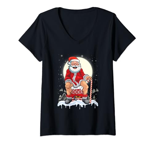 Santa Claus Pooping Down The Chimney Funny Christmas Meme V-Neck T-Shirt