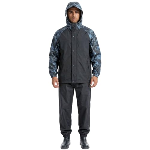 LOOGU Men's Rain Suit - Rain Gear for Men Waterproof, Lightweight Rain Coat, Breathable Mens Rain Jackets Hood and Pants Spretta Abyssal Grey Camo Lar