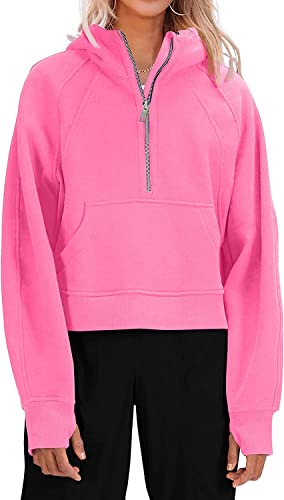 Ebifin Womens Hooded Scuba Half Zip Pullover Sweatshirt Fleece Lined Athletic Hoodies Cropped Hoody Long Sleeve Tops.Pink.S