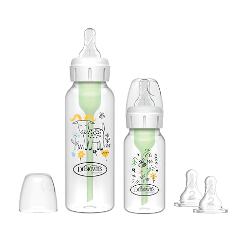 Dr Brown's Natural Flow Anti-Colic Options+ Narrow Baby Bottle, Sampler Kit, 1x 4oz/120ml Bottle & 1x 8oz/250ml Bottles with Level 1 Slow Flow Teat, Kit Also Includes 2X Level 2 Medium Flow Teats