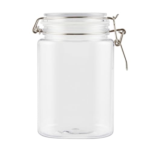 Restaurantware Met Lux 43 Ounce Hinged Food Storage Jars, 20 Airtight Jars With Lids - Rubber Gasket, Wide Mouth, Clear Plastic Square Canisters, Freezable, For Kitchen And Pantry Storage