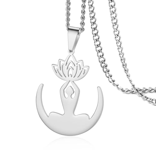 Image of VASSAGO Buddha Lotus Necklace for Women Yoga Healing Pendant Stainless Steel Flower Necklace Buddhist Necklace Unalome Symbol Amulet Religious Jewelry (silver 6)