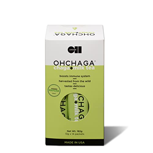 OHCHAGA Matcha Latte - Premium Grade Ceremonial Matcha Green Tea with Real Milk and Chaga Mushroom Extract, 14 Ready-to-Mix Stick Packs OHCHAGA Matcha Latte - Premium Grade Ceremonial Matcha Green Tea with Real Milk and Chaga Mushroom Extract, 14 Ready-to-Mix Stick Packs