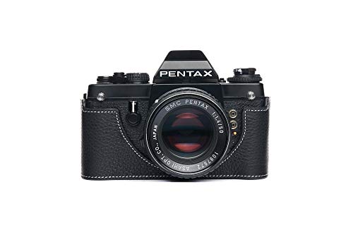 Pentax LX Case, BolinUS Handmade Genuine Real Leather Half Camera Case Bag Cover for Pentax LX Camera with Hand Strap (Black)