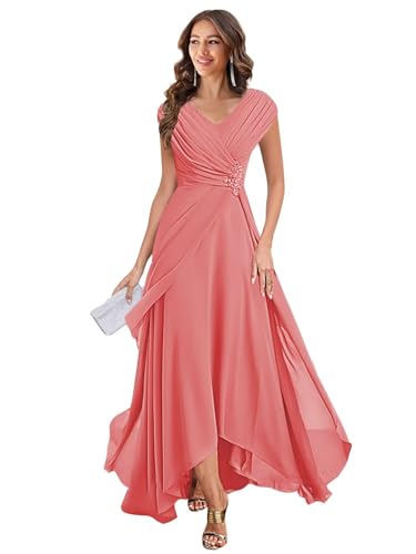 Women's V Neck Mother of The Bride Dresses Cap Sleeves Chiffon Pleated Mother Groom Dresses DK007