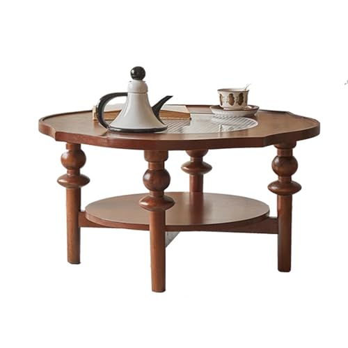 Table basse moderne du milieu du siècle en forme de lotus - Table basse en chêne - Double niveau de rangement - Plateau en verre amovible - Pieds en bois massif épais...