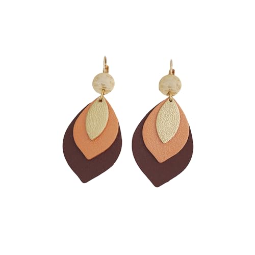 Boucles feuilles en cuir de créateur orange, marron et finitions dorées