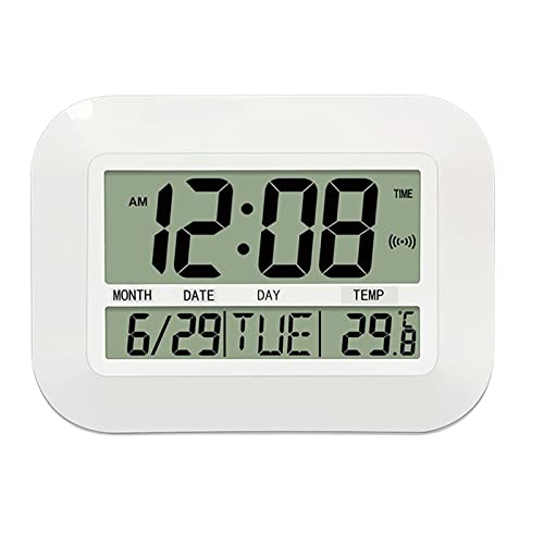 GUOOL 大型デジタル LCD カレンダー 目覚まし時計 温度 スヌーズ 静音時計 シルバー, B ホワイト